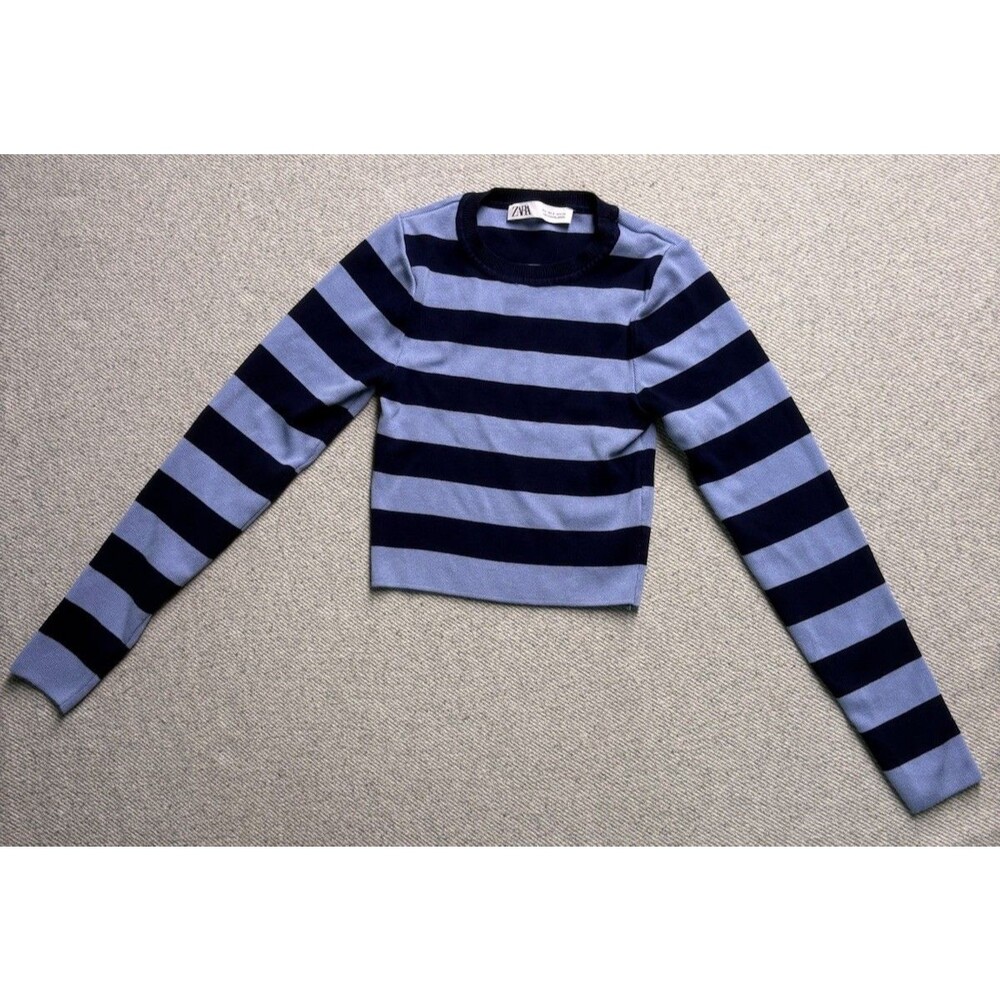 Zara Women’s Blue Navy Striped Crewneck Long Sleeve Knit Crop Top Size Small